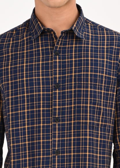 Indigo-Dyed 100% Cotton Check Shirt Navy