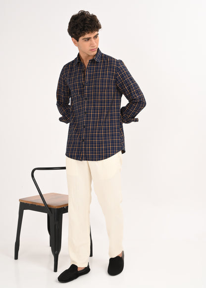 Indigo-Dyed 100% Cotton Check Shirt Navy