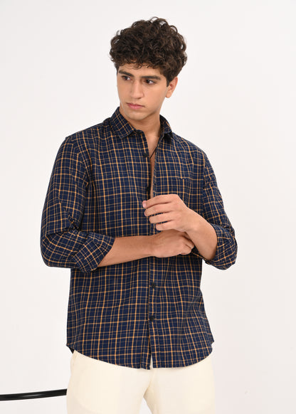 Indigo-Dyed 100% Cotton Check Shirt Navy