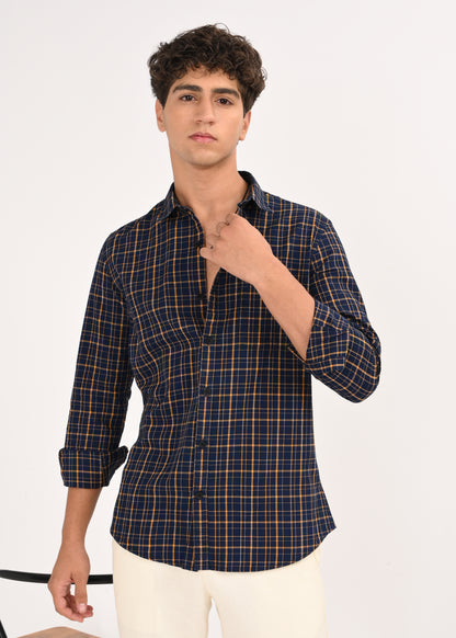 Indigo-Dyed 100% Cotton Check Shirt Navy