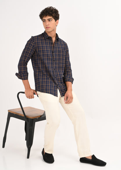 Indigo-Dyed 100% Cotton Check Shirt Navy
