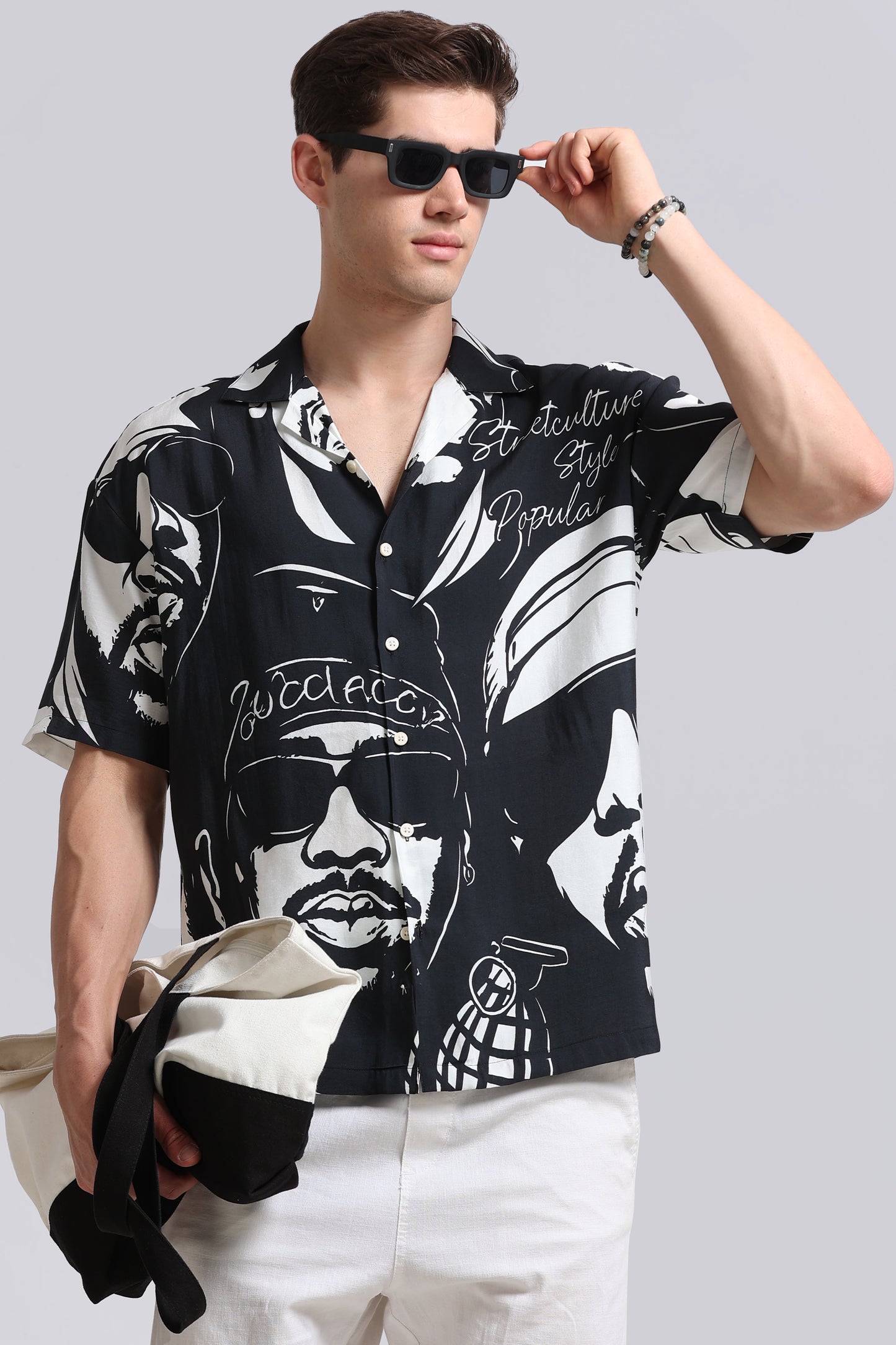 Oversized Graphic Print Shirt Black White