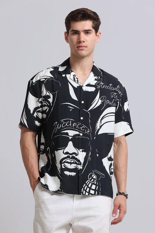 Oversized Graphic Print Shirt Black White