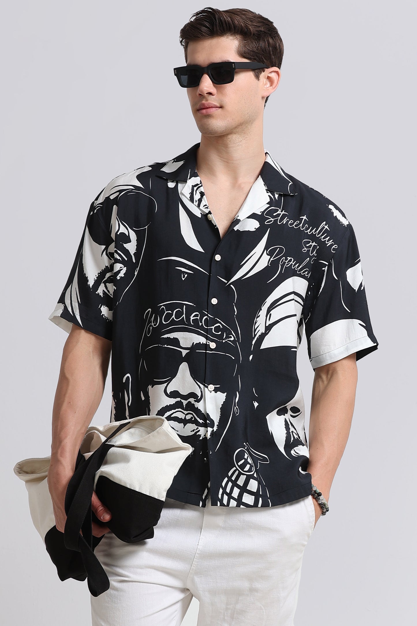 Oversized Graphic Print Shirt Black White