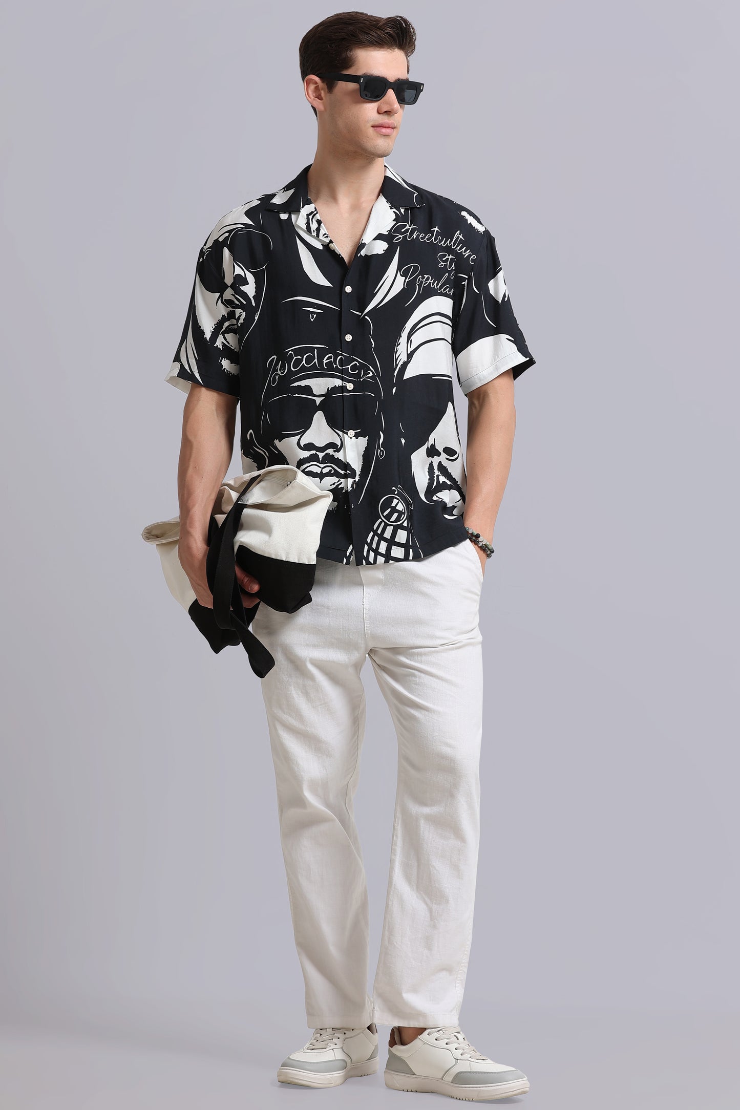 Oversized Graphic Print Shirt Black White