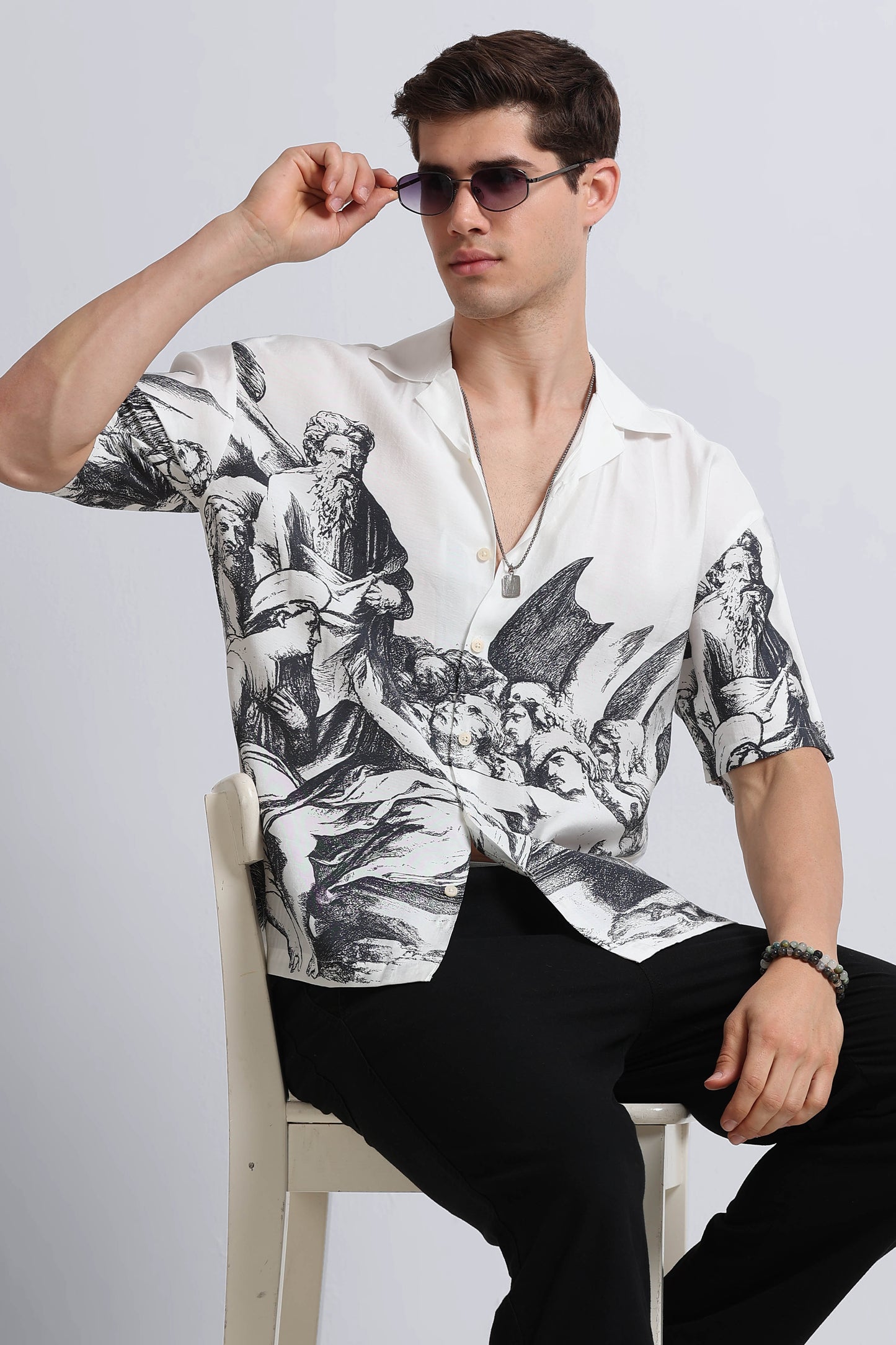 Oversized Graphic Print Shirt Grey White