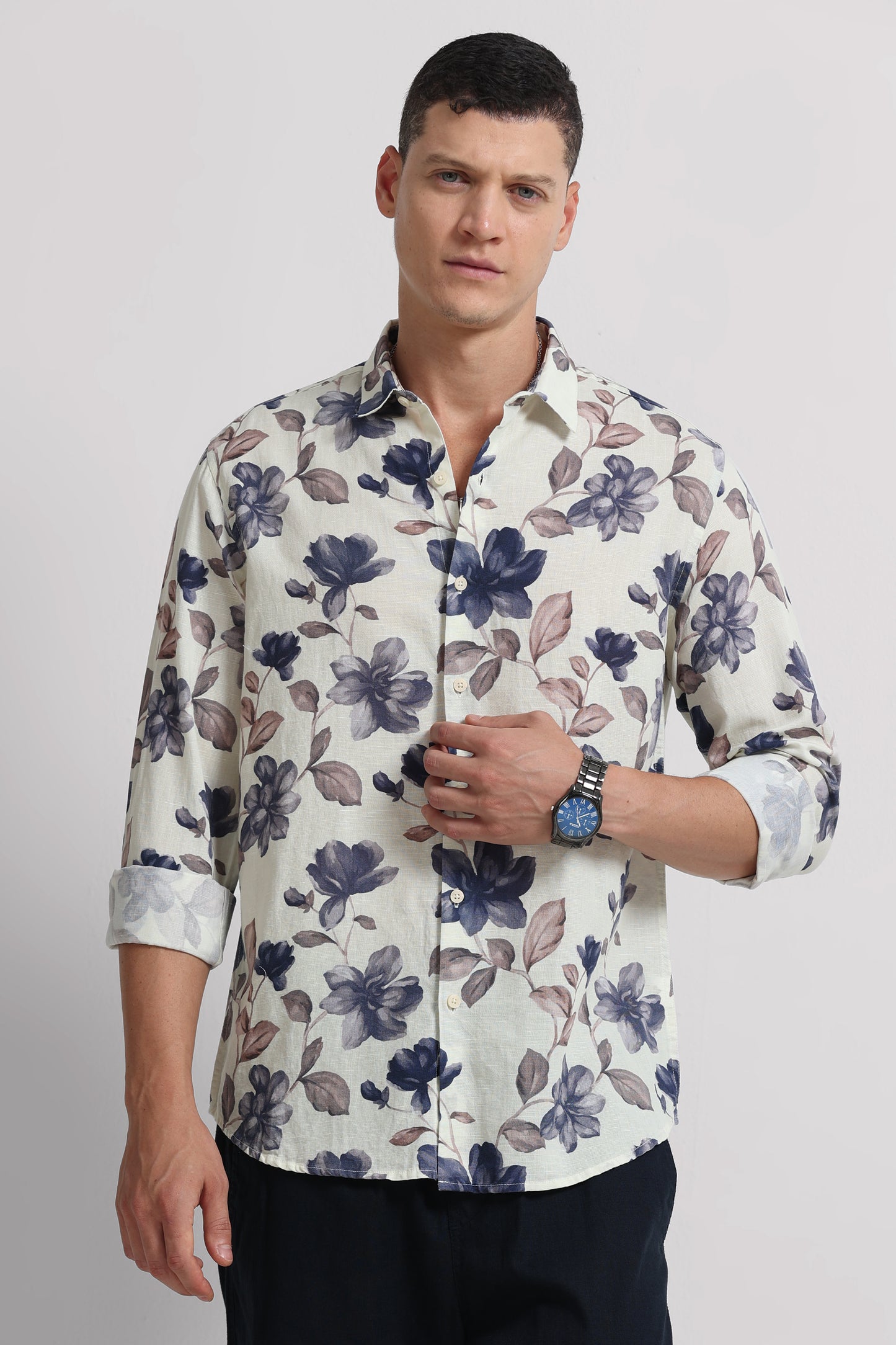Cotton Linen Digital Printed Shirt Cream Beige