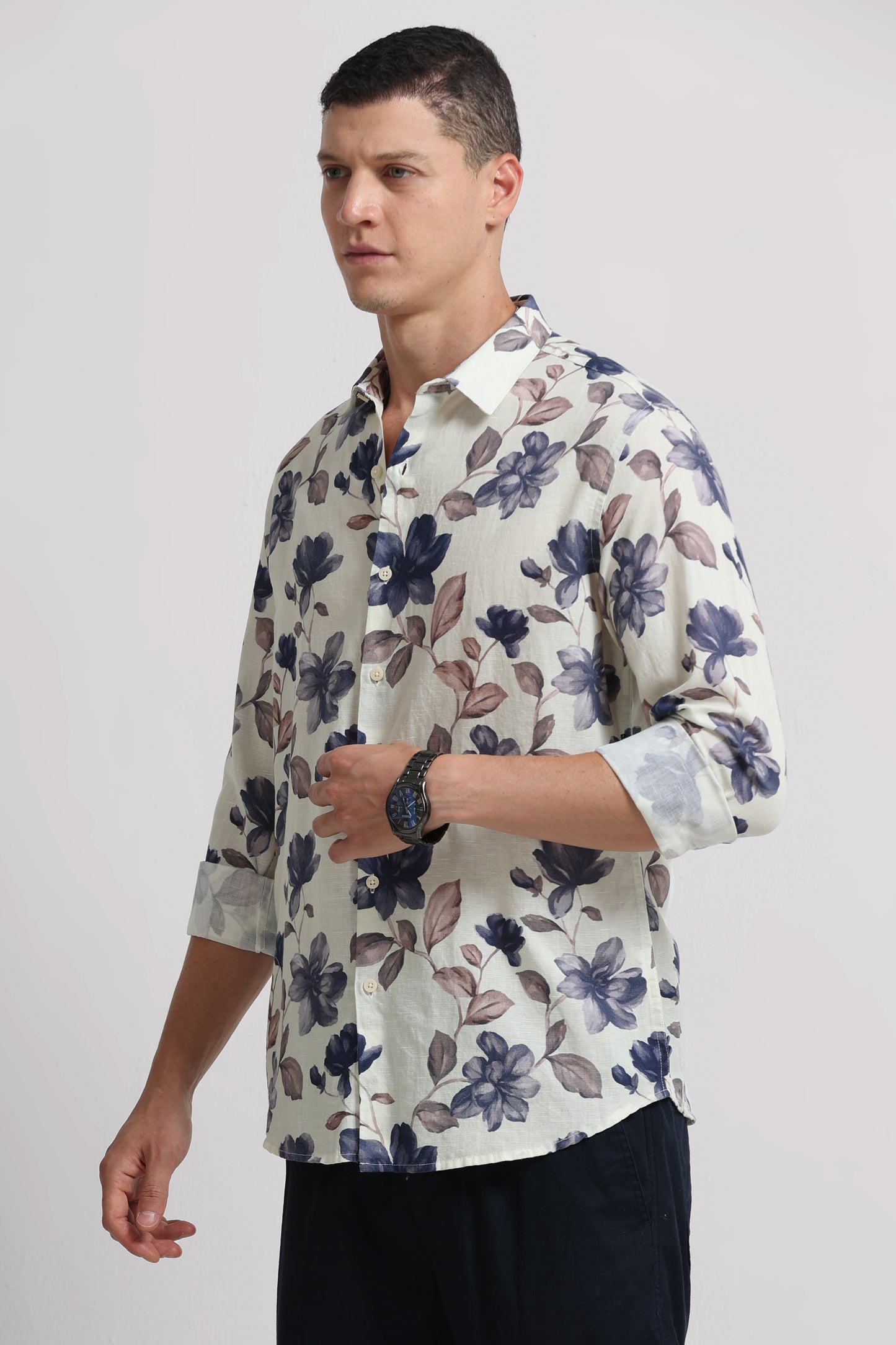Cotton Linen Digital Printed Shirt Cream Beige