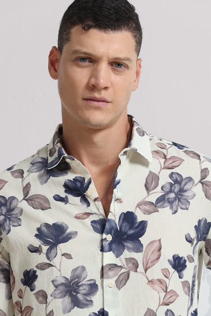 Cotton Linen Digital Printed Shirt Cream Beige