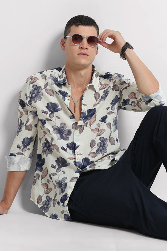 Cotton Linen Digital Printed Shirt Cream Beige