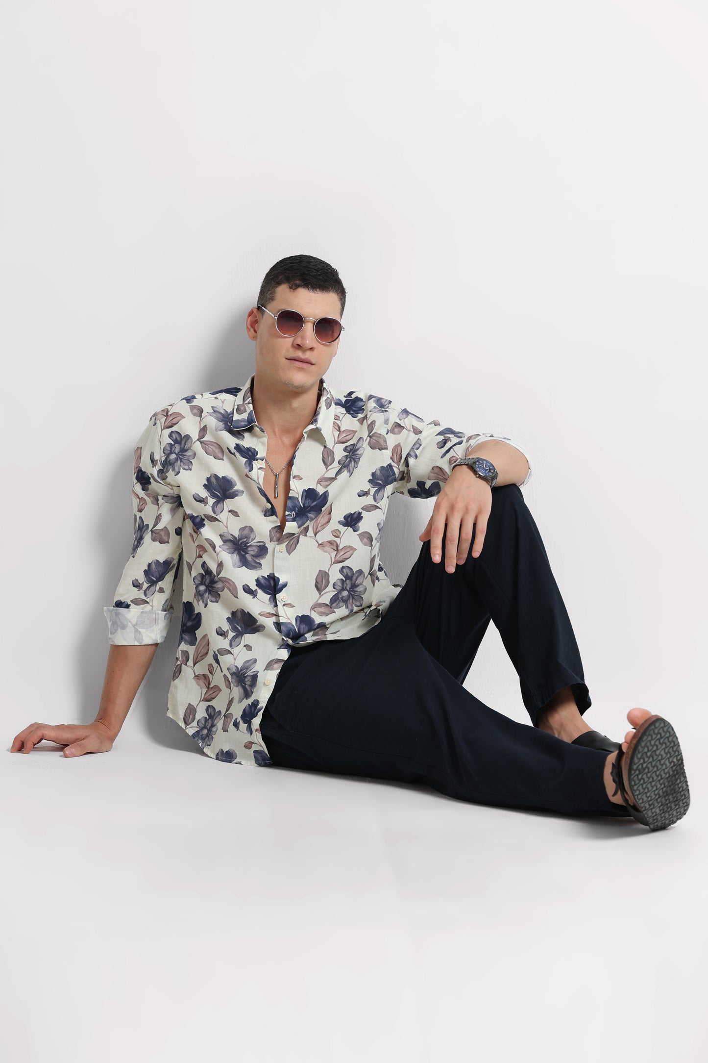 Cotton Linen Digital Printed Shirt Cream Beige