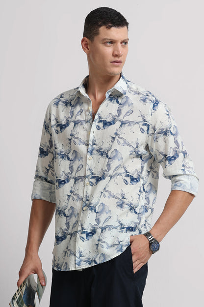 Cotton Linen Digital Printed Shirt Navy White