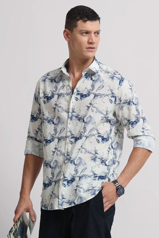 Cotton Linen Digital Printed Shirt Navy White