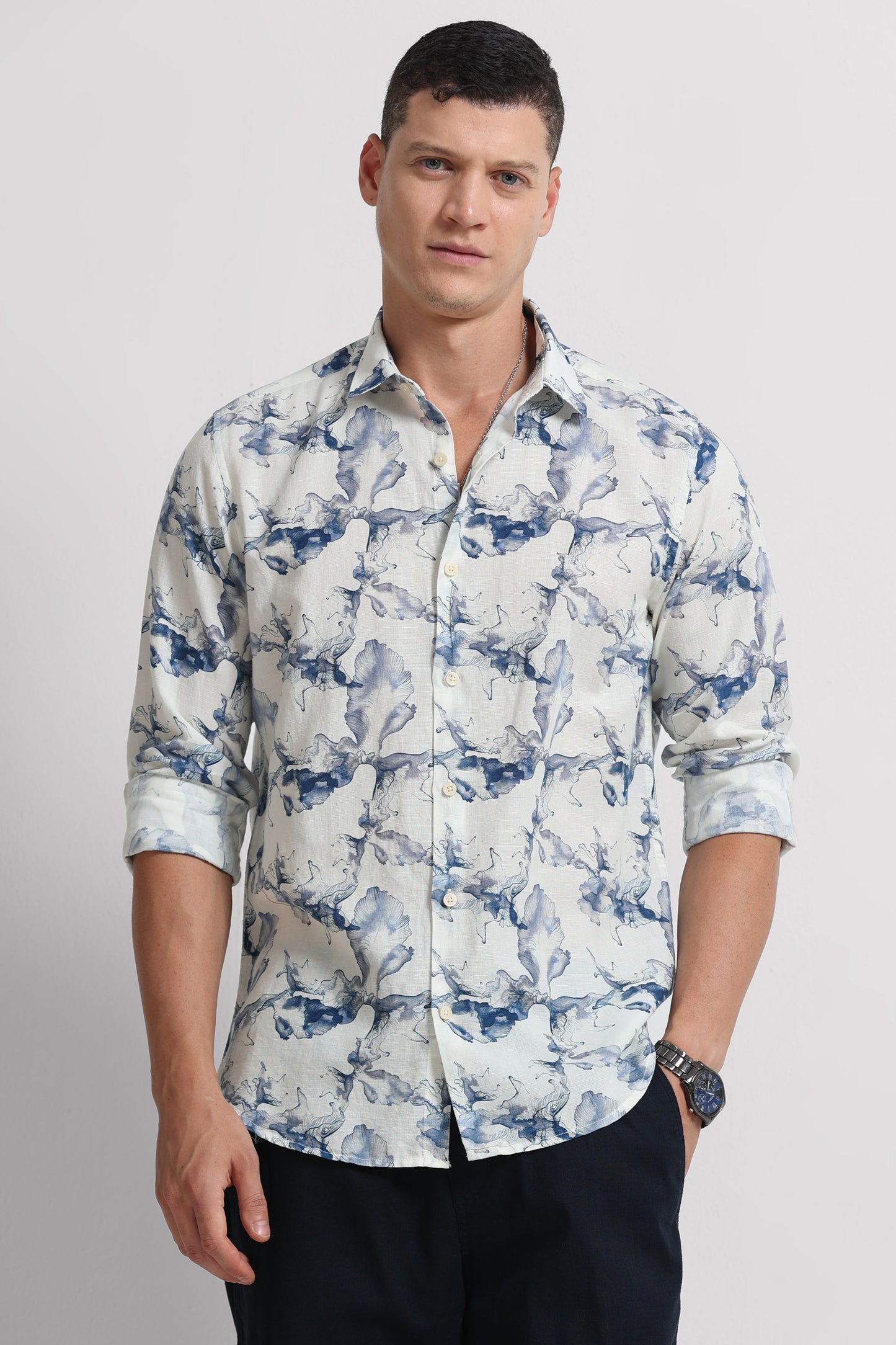 Cotton Linen Digital Printed Shirt Navy White
