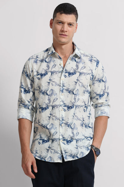 Cotton Linen Digital Printed Shirt Navy White