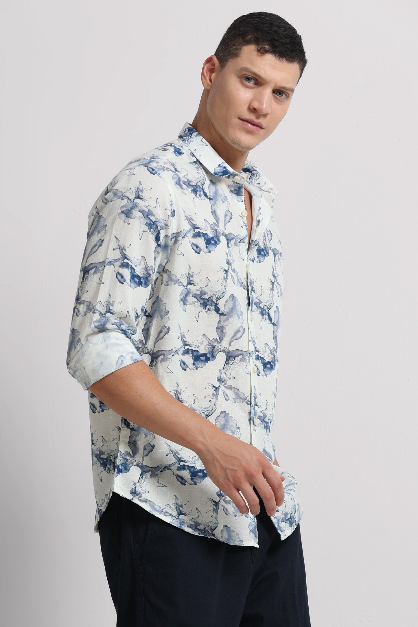 Cotton Linen Digital Printed Shirt Navy White