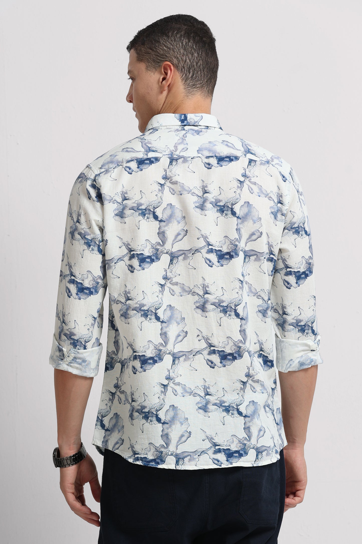 Cotton Linen Digital Printed Shirt Navy White