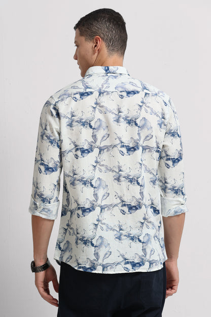 Cotton Linen Digital Printed Shirt Navy White