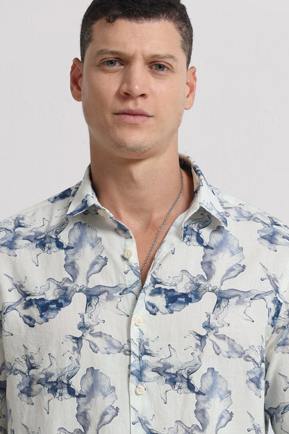 Cotton Linen Digital Printed Shirt Navy White