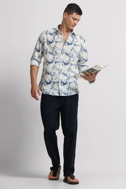 Cotton Linen Digital Printed Shirt Navy White
