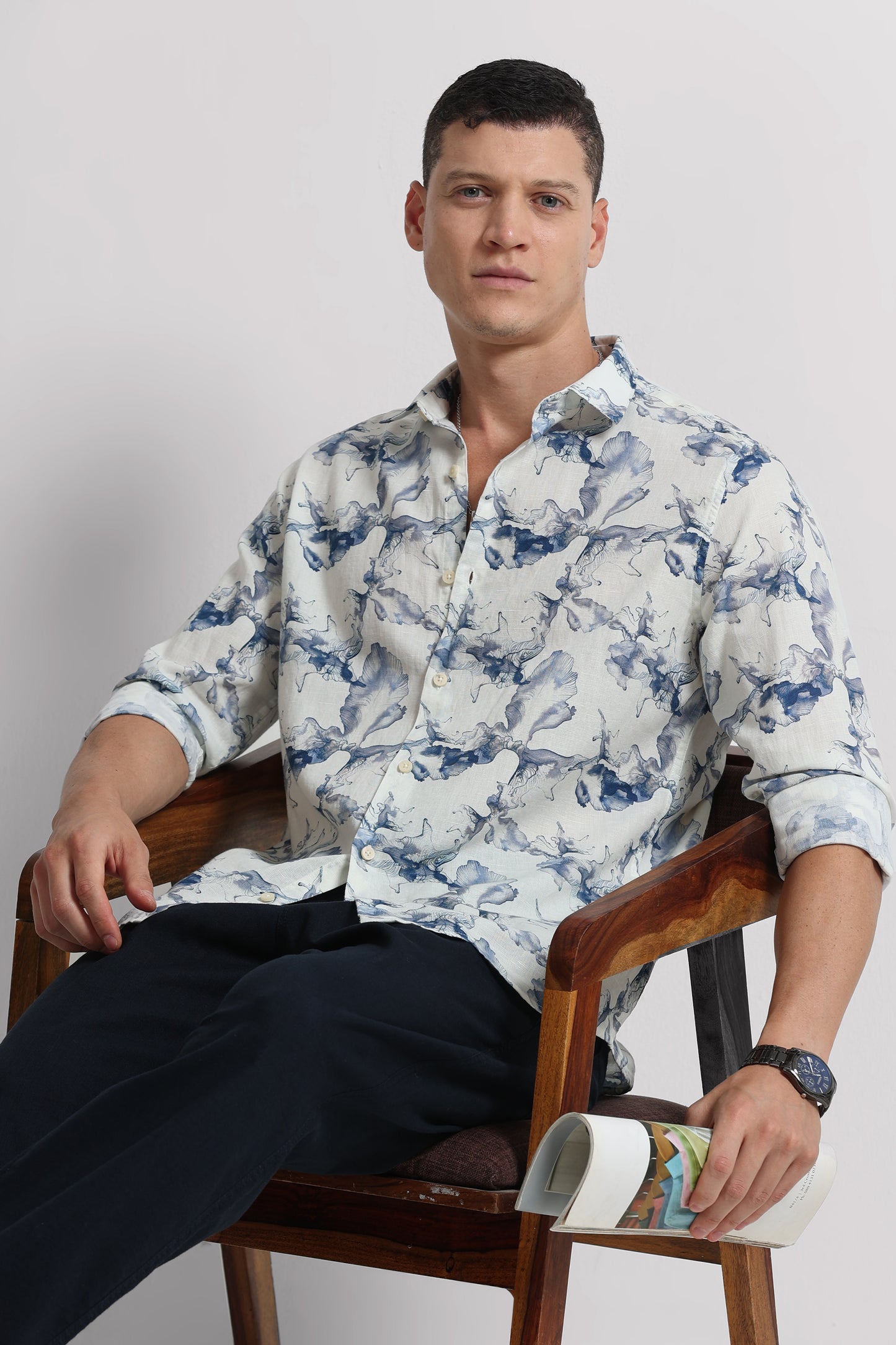 Cotton Linen Digital Printed Shirt Navy White