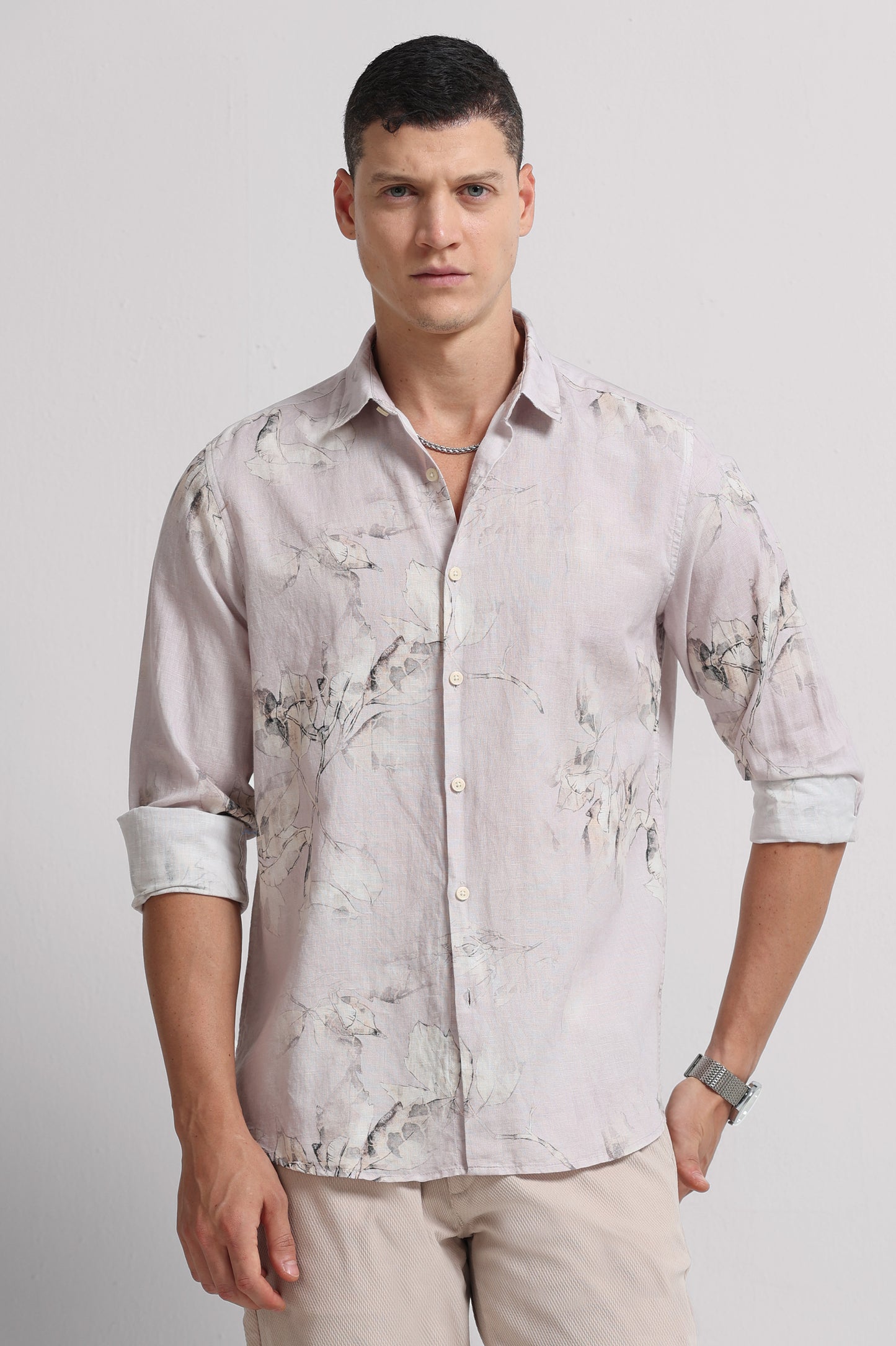 Cotton Linen Digital Printed Shirt Lt Pink