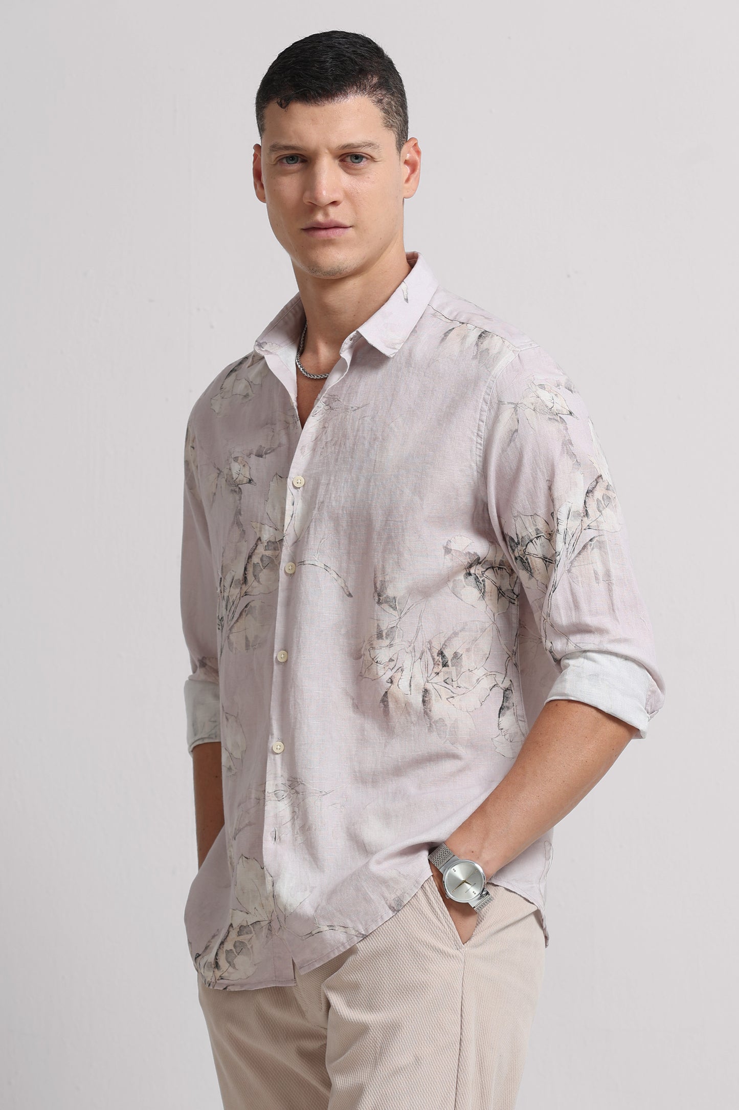 Cotton Linen Digital Printed Shirt Lt Pink