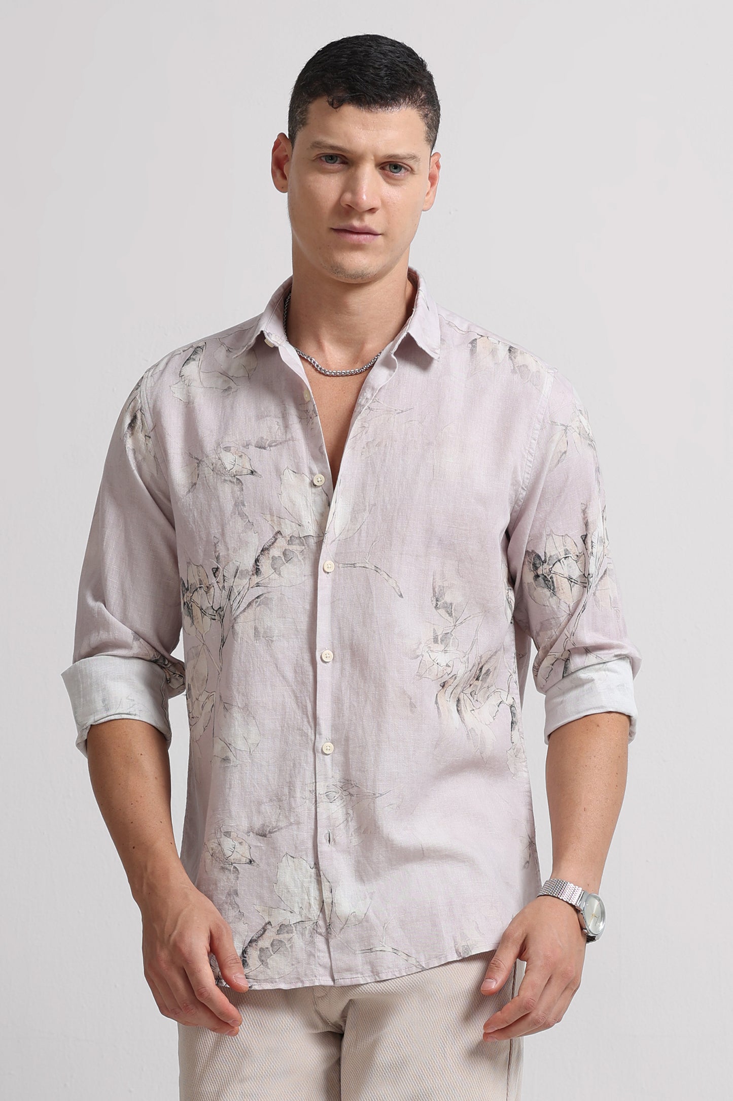 Cotton Linen Digital Printed Shirt Lt Pink