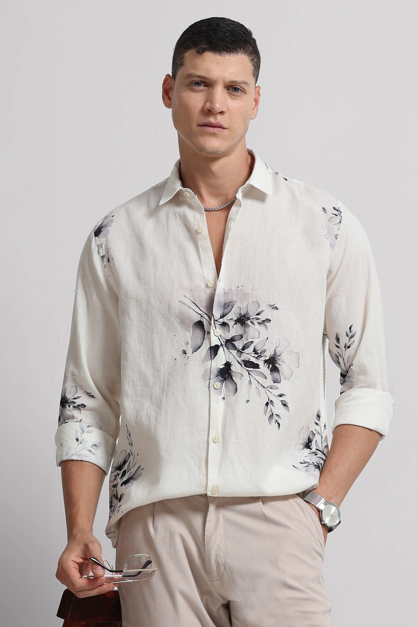 Cotton Linen Digital Printed Shirt White Grey