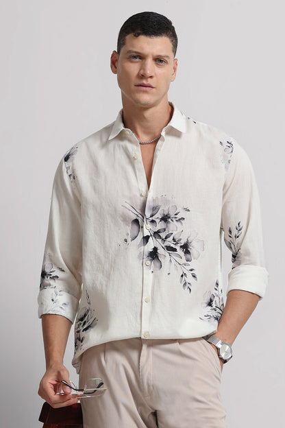 Cotton Linen Digital Printed Shirt White Grey