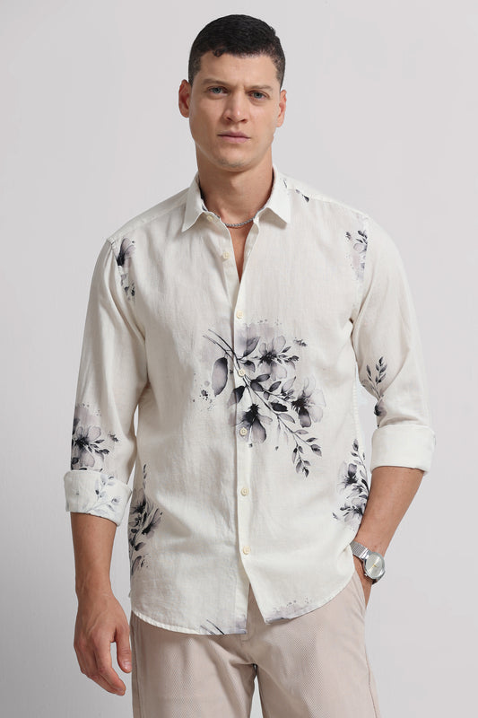 Cotton Linen Digital Printed Shirt White Grey