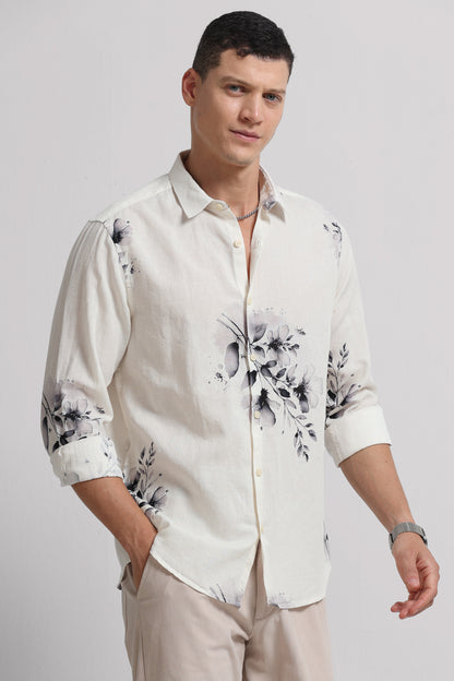 Cotton Linen Digital Printed Shirt White Grey