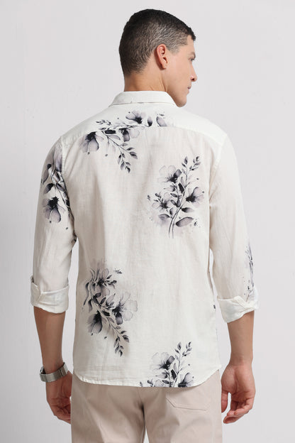 Cotton Linen Digital Printed Shirt White Grey