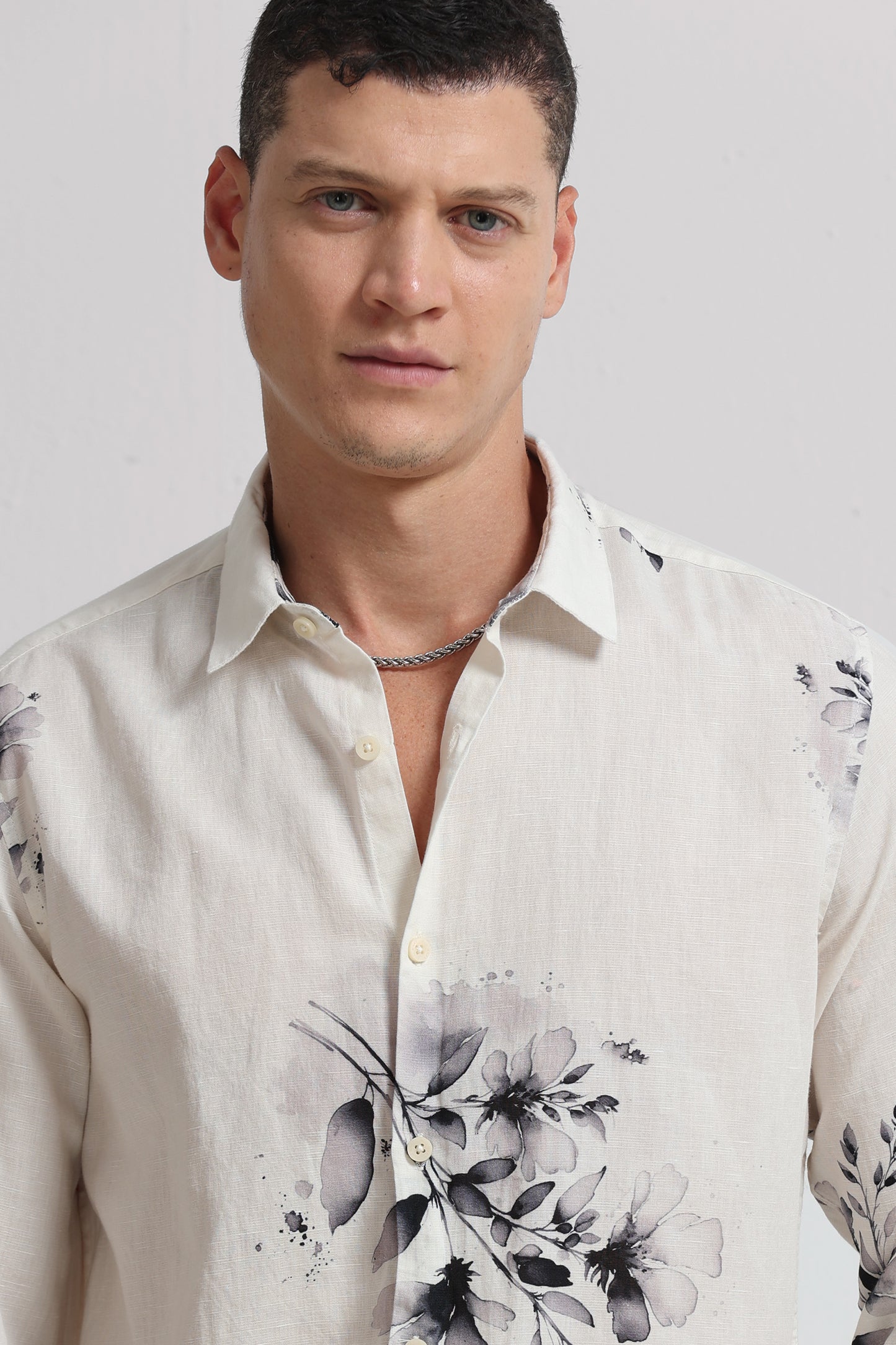 Cotton Linen Digital Printed Shirt White Grey