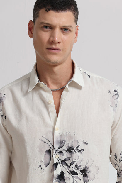 Cotton Linen Digital Printed Shirt White Grey