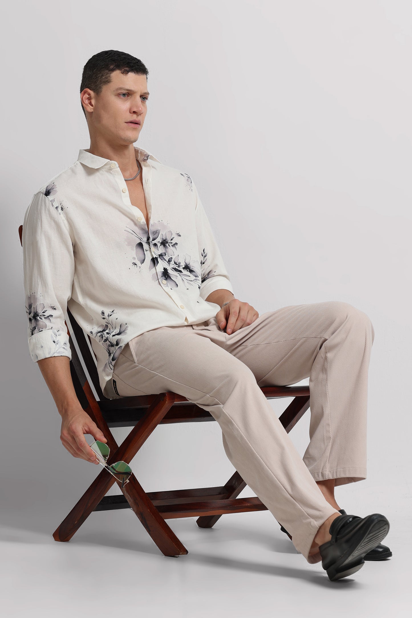 Cotton Linen Digital Printed Shirt White Grey