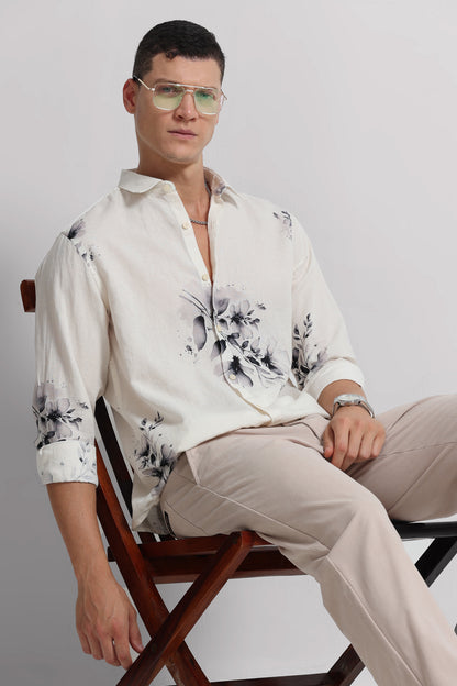 Cotton Linen Digital Printed Shirt White Grey