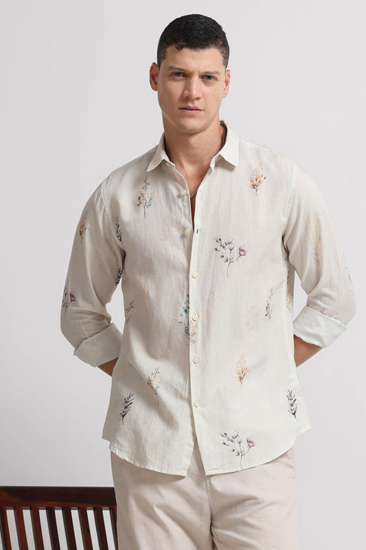 Cotton Linen Digital Printed Shirt Off White