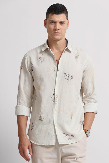 Cotton Linen Digital Printed Shirt Off White