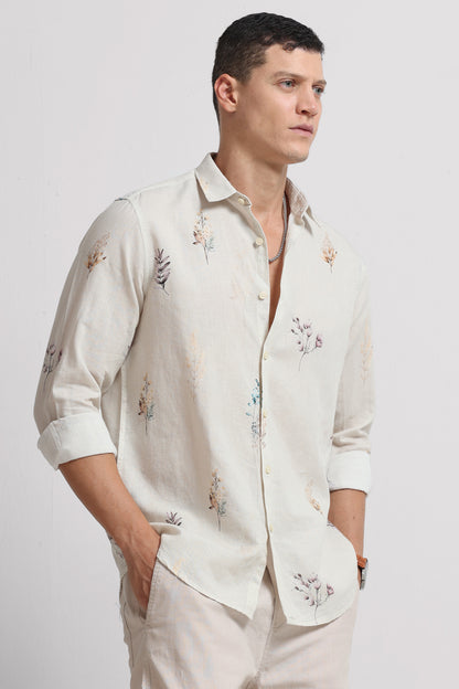Cotton Linen Digital Printed Shirt Off White