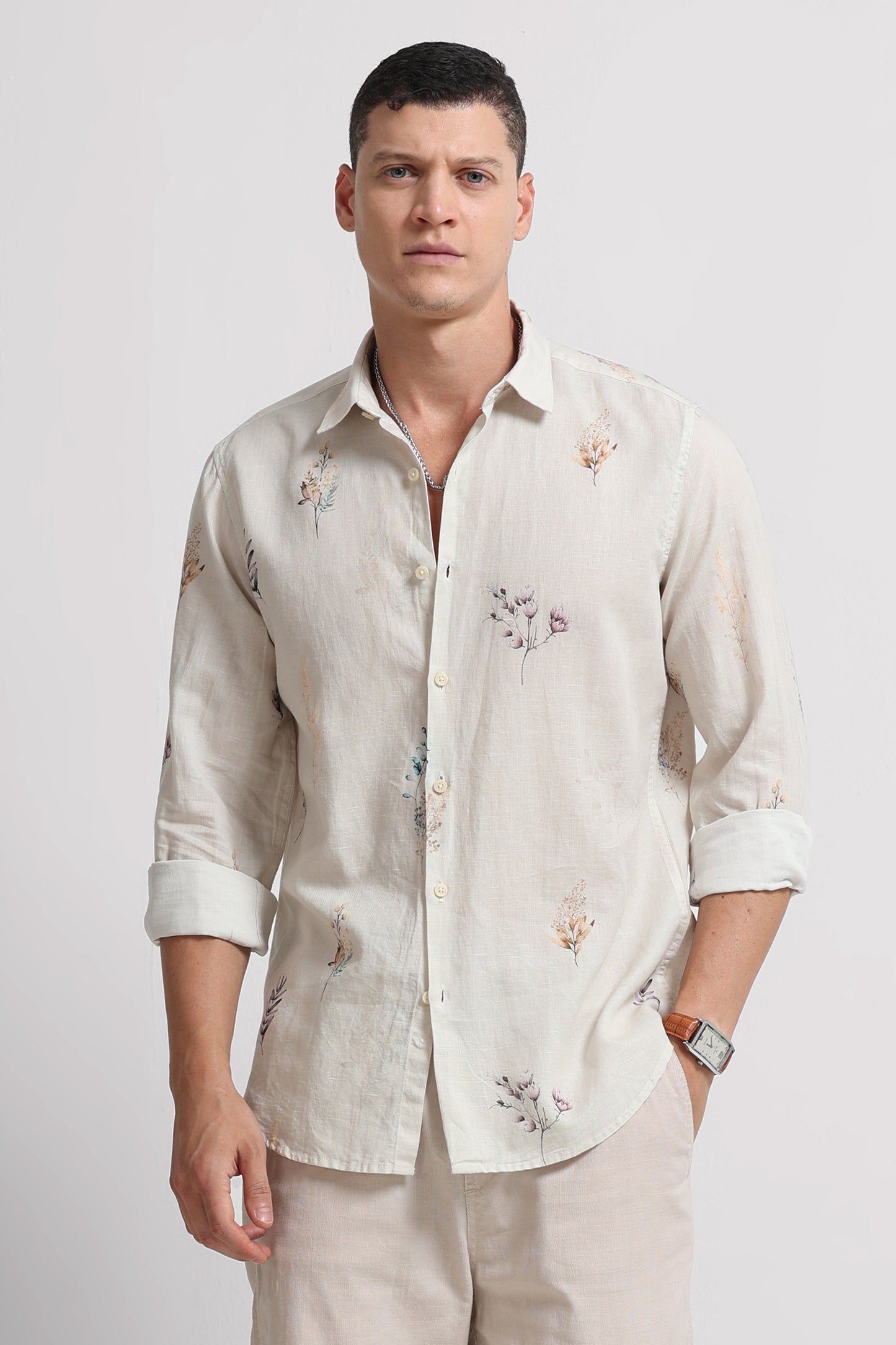 Cotton Linen Digital Printed Shirt Off White