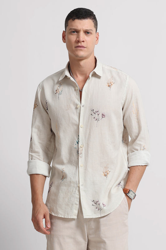 Cotton Linen Digital Printed Shirt Off White