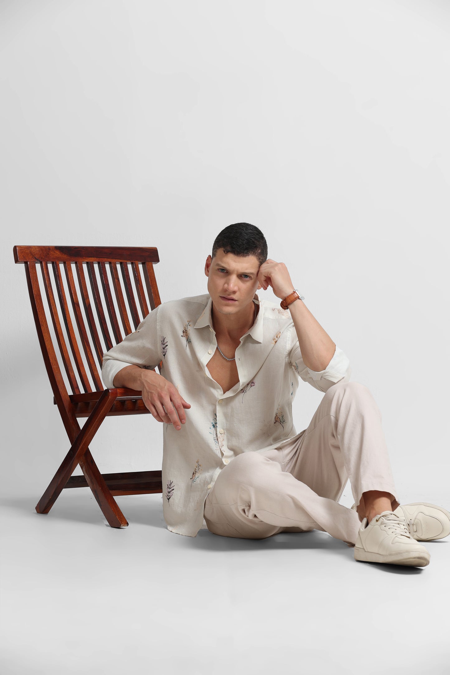 Cotton Linen Digital Printed Shirt Off White