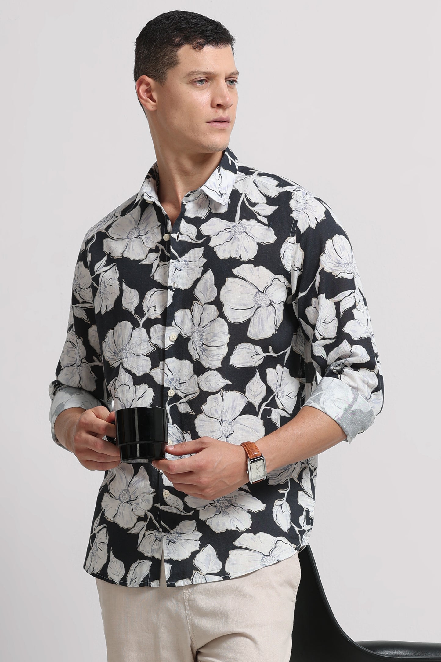 Cotton Linen Digital Printed Shirt White Black