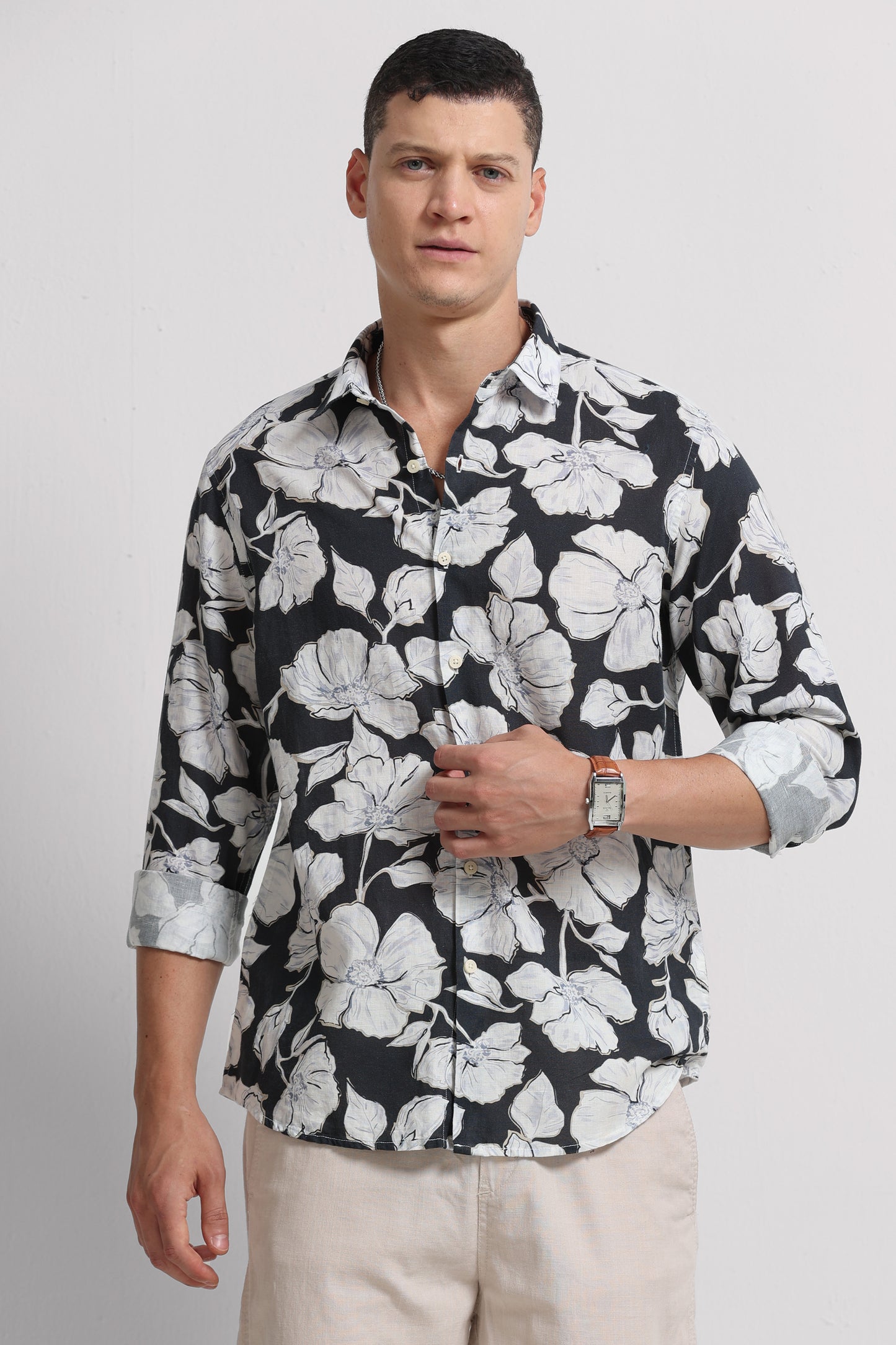 Cotton Linen Digital Printed Shirt White Black