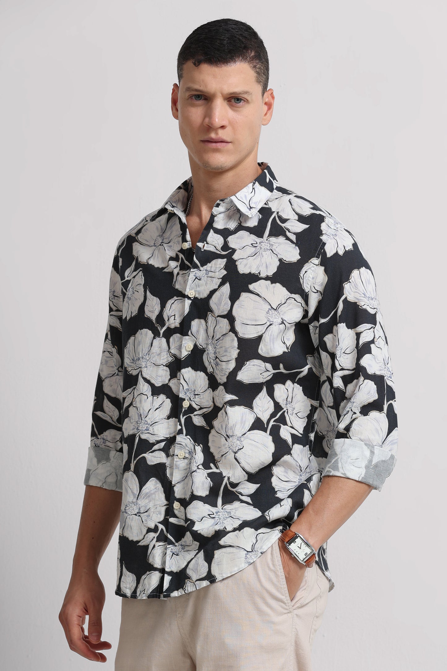 Cotton Linen Digital Printed Shirt White Black