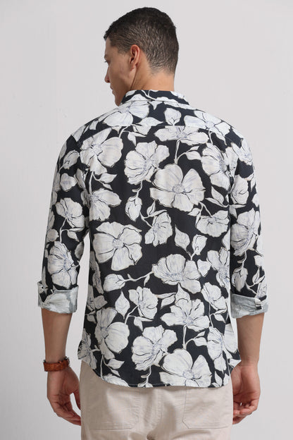 Cotton Linen Digital Printed Shirt White Black