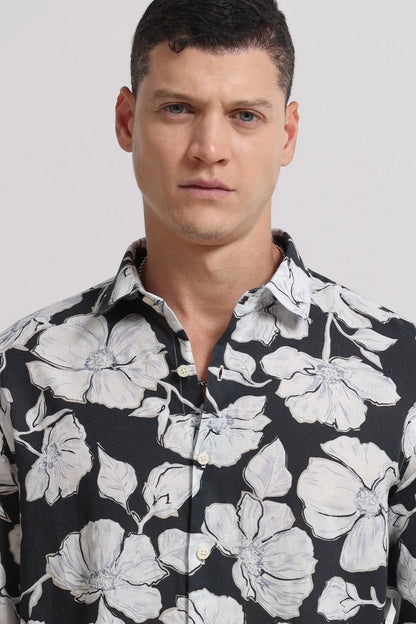 Cotton Linen Digital Printed Shirt White Black