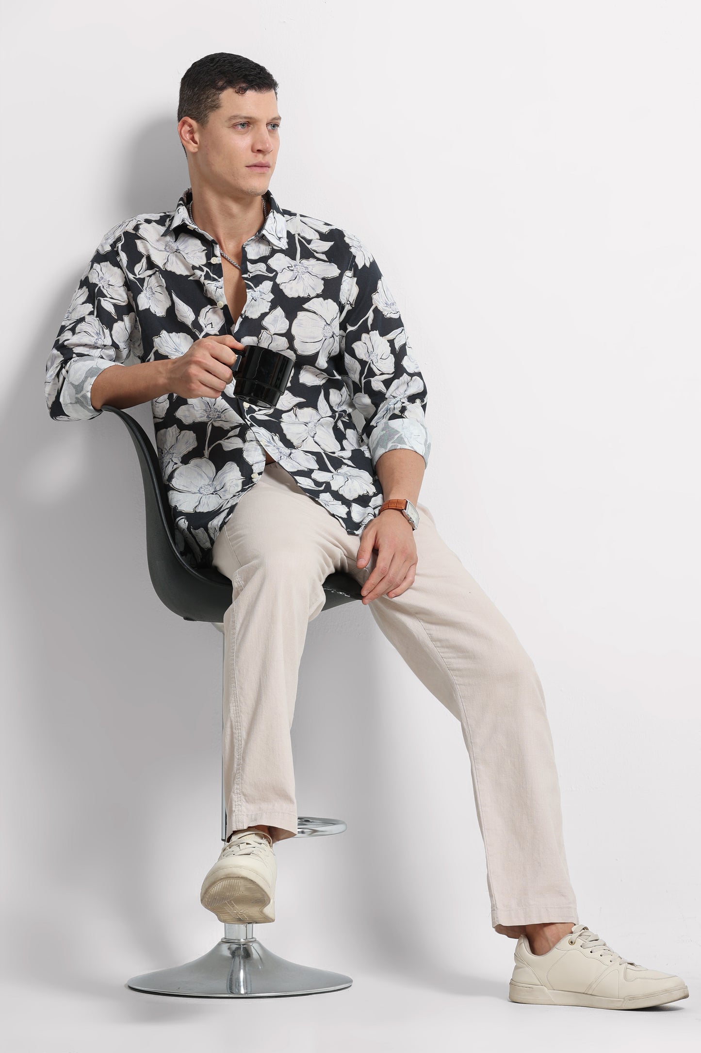 Cotton Linen Digital Printed Shirt White Black