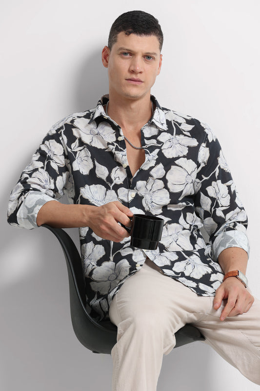 Cotton Linen Digital Printed Shirt White Black